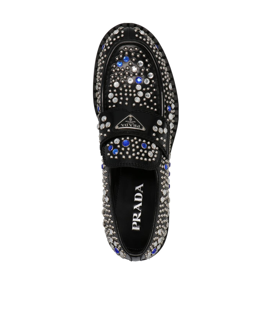 PRADA BRUSHED-LEATHER LOAFERS WITH STUDS AND RHINESTONES