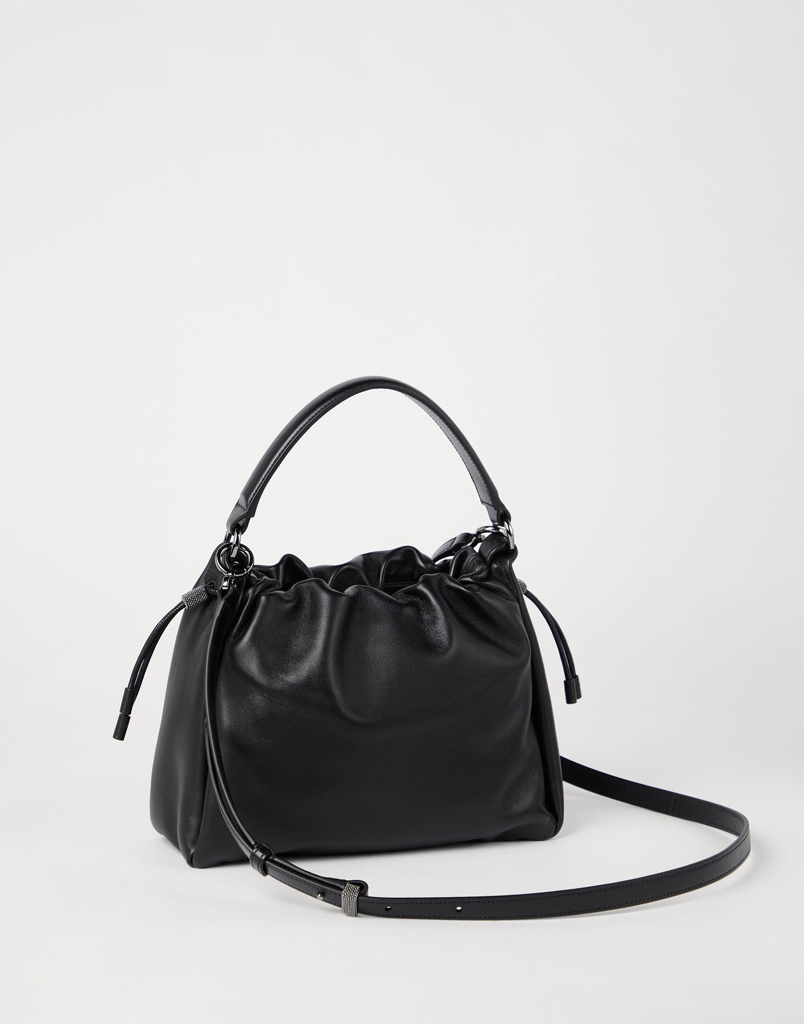 Brunello Cucinelli Small Mellow Leather Cross Bucket Bag In Black