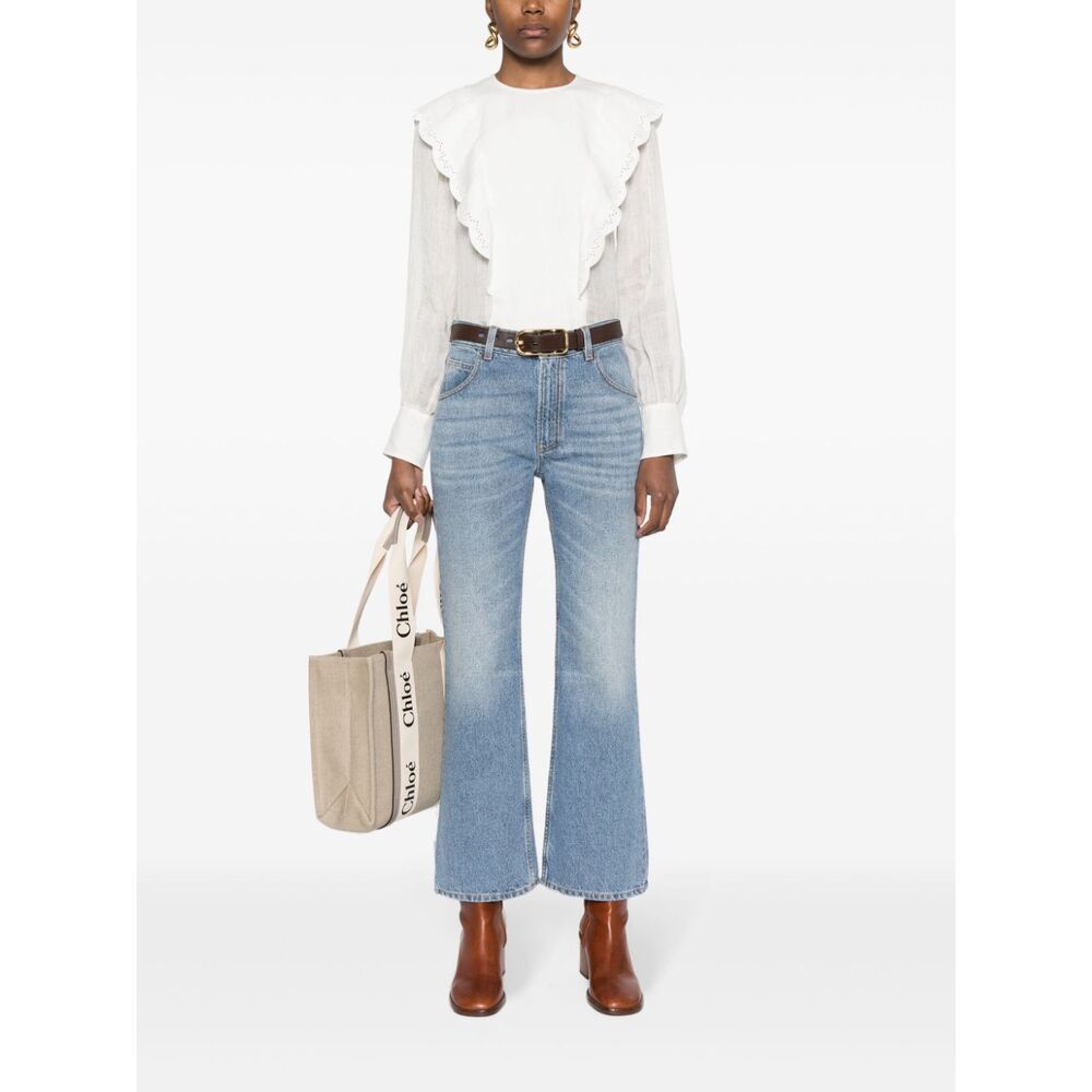 Chloé Blue High Waisted Jeans With Wide Leg And Logo Patch On The Rear In Denim Woman In Blue