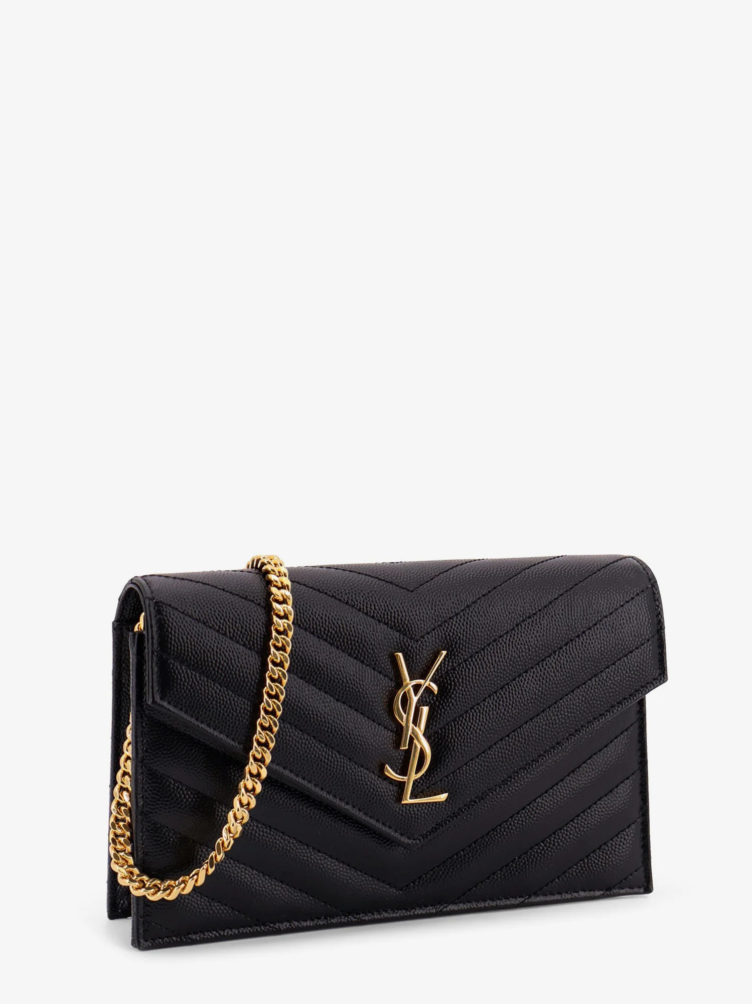 Saint Laurent Cassandre Envelope Leather Wallet On Chain In Black
