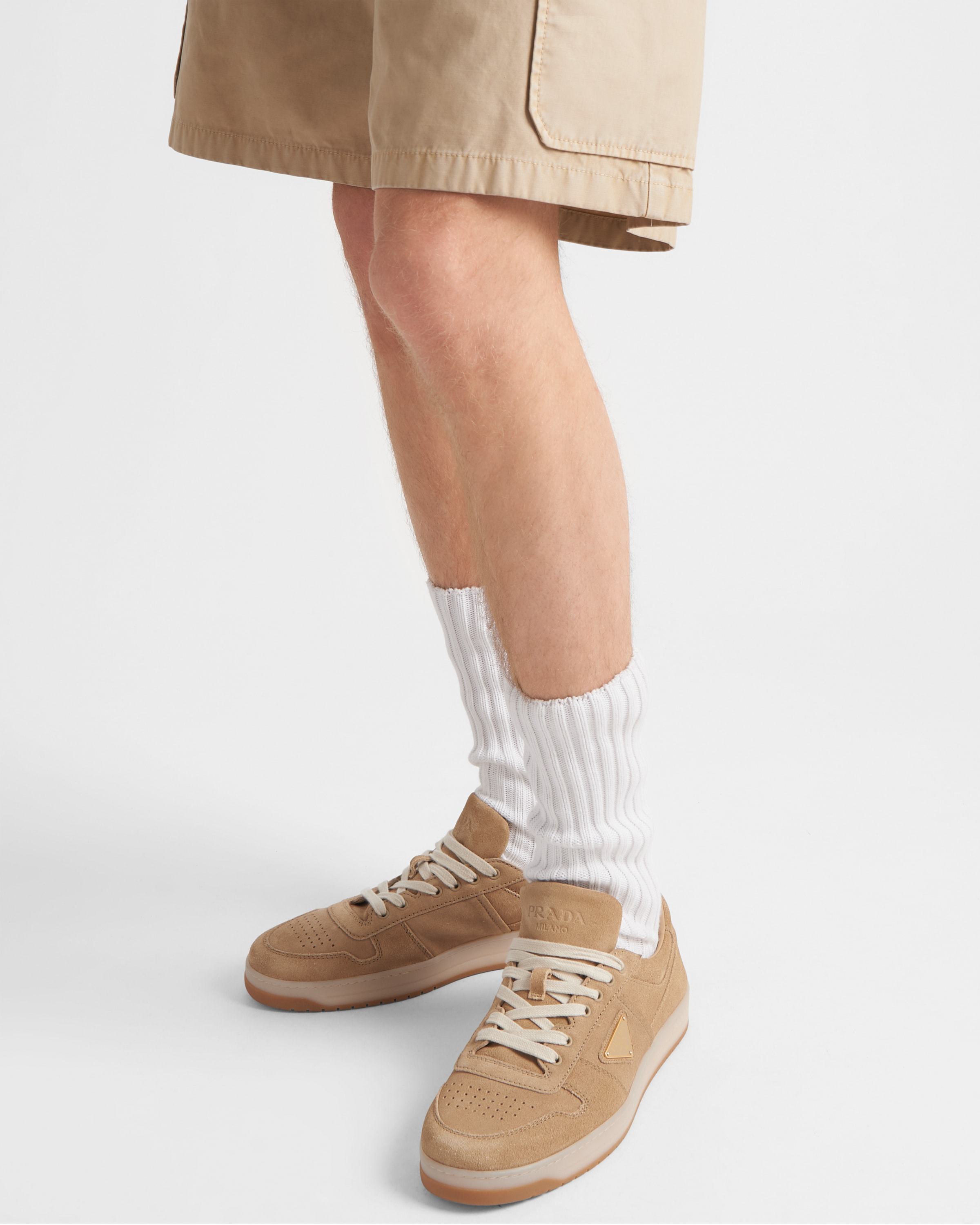 Prada Mens Neutral Downtown Logo-plaque Suede Low-top Trainers Eur 42 / 8 Uk In Brown