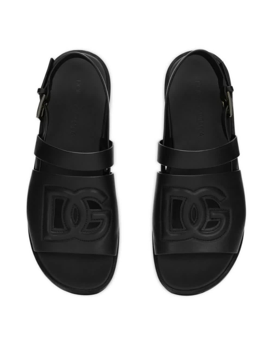 Dolce & Gabbana Logo-embossed Leather Slides In Black