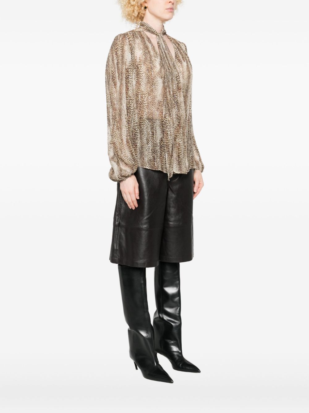 Twinset Animal-print Tie-neck Blouse In Brown