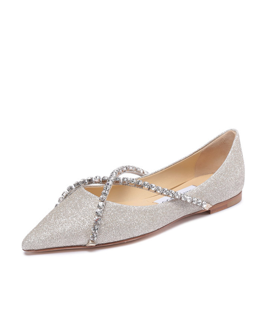 Jimmy Choo Crystal Chain Pointed Shallow-mouth Flat Shoes In Gray