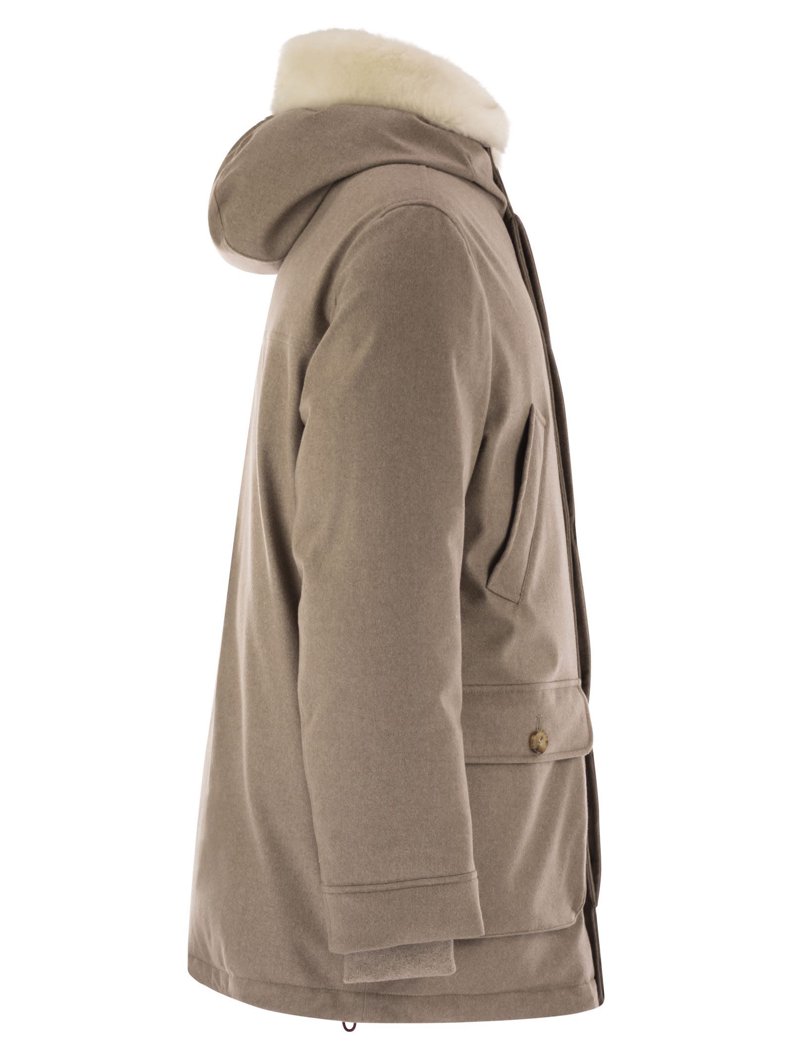 Brunello Cucinelli Men Wool Coat With Fur Collar In Gray