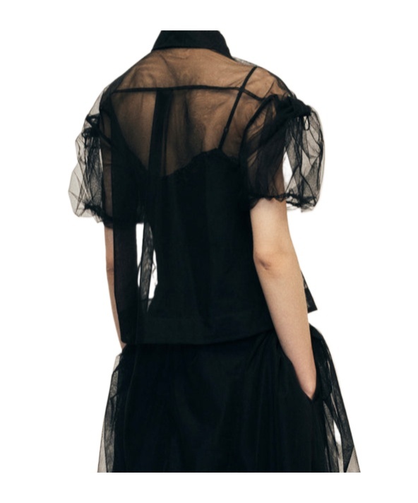 Simone Rocha Sheer Cropped Bow Puff Sleeve Shirt In Black