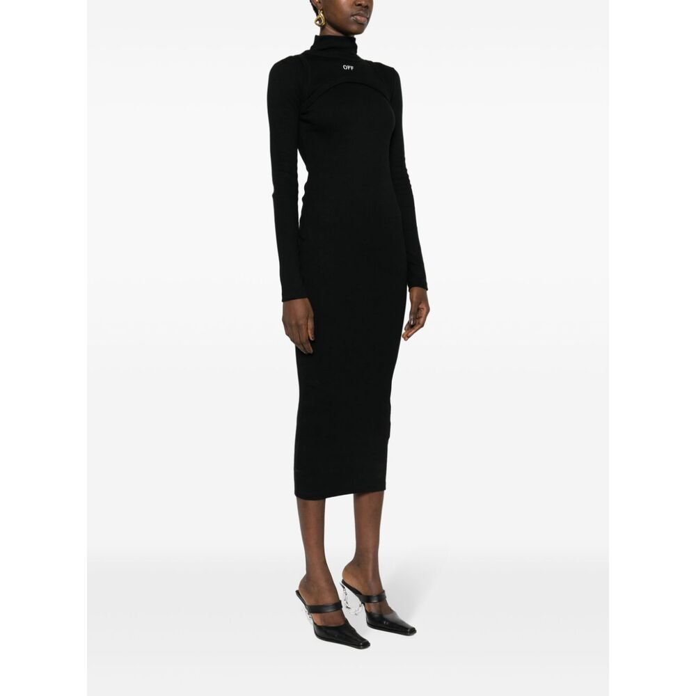 Off-white Ribbed Texture Midi Dress With High Neckline In Black
