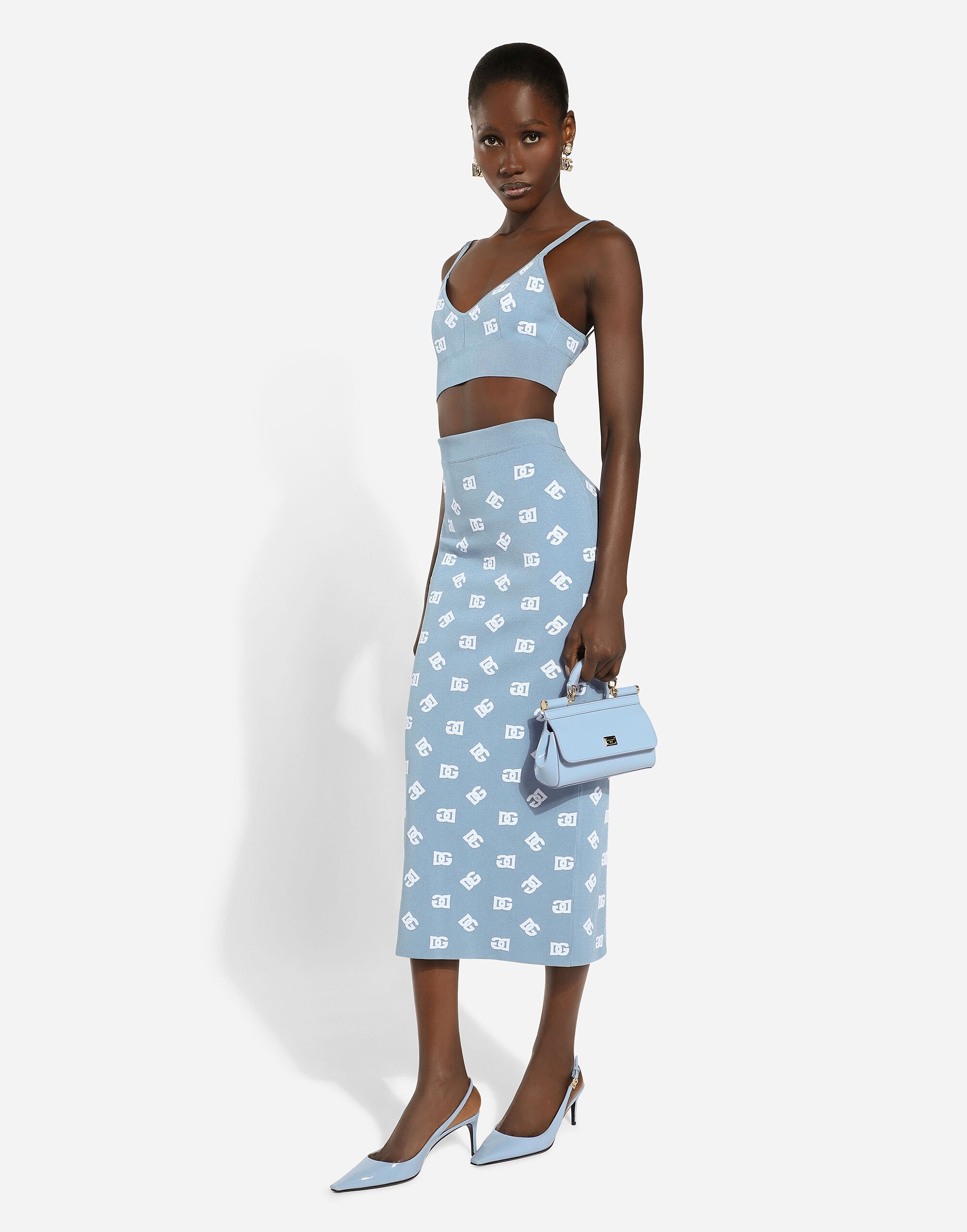 Dolce & Gabbana Jacquard Logo Cropped Top Tops Light Blue In Blue