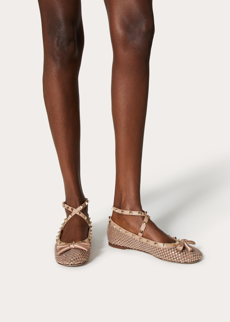 Valentino Rockstud Mesh Ballerina With Crystals In Nude