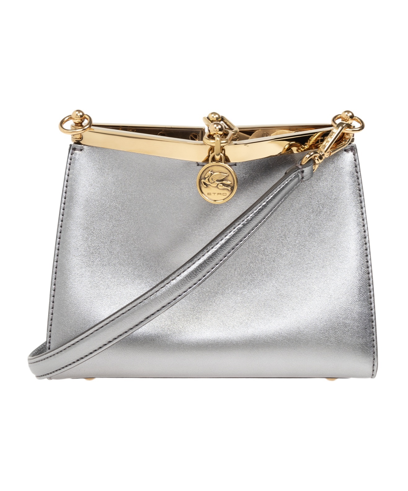 Etro Logo Charm Metallic Shoulder Bag In Gray
