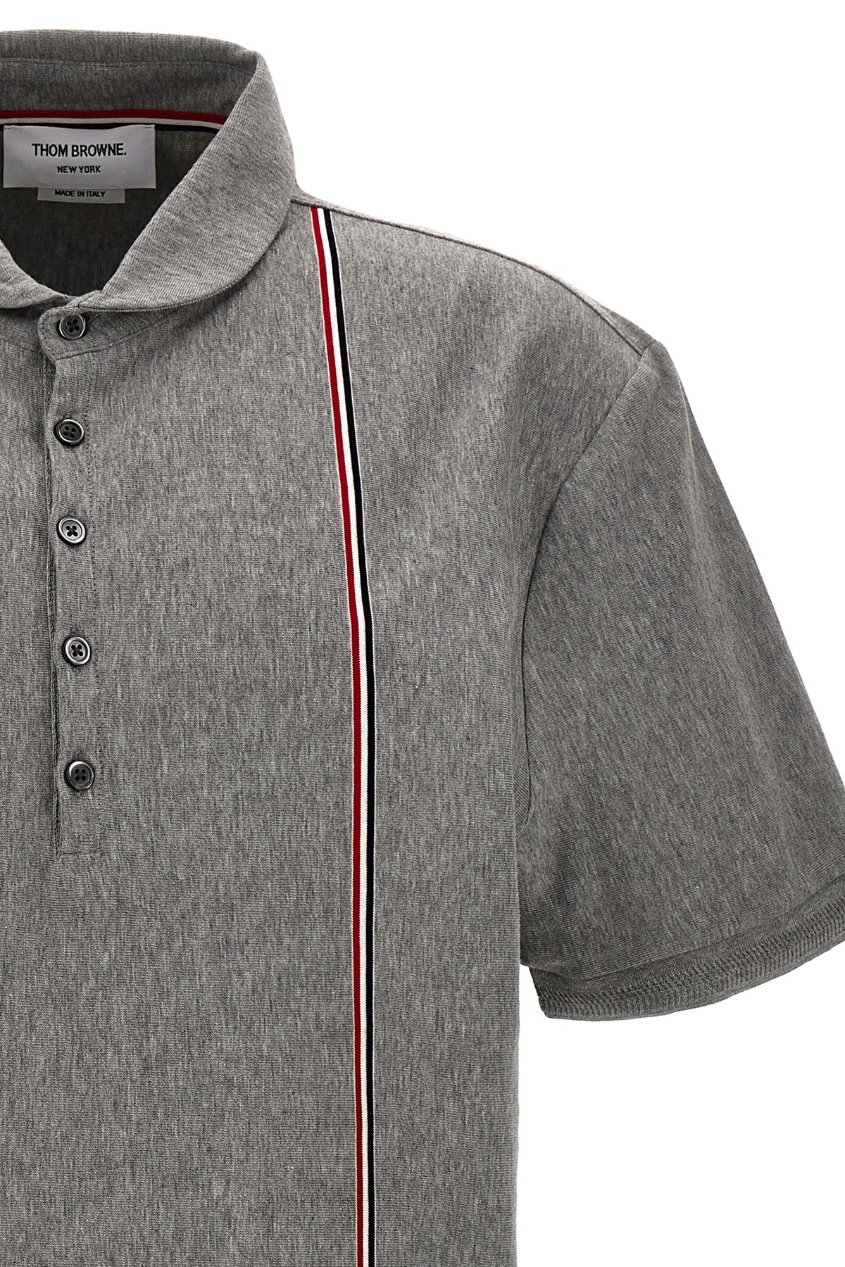 Thom Browne Striped Detail Polo Shirt With Short Sleeves In Gray