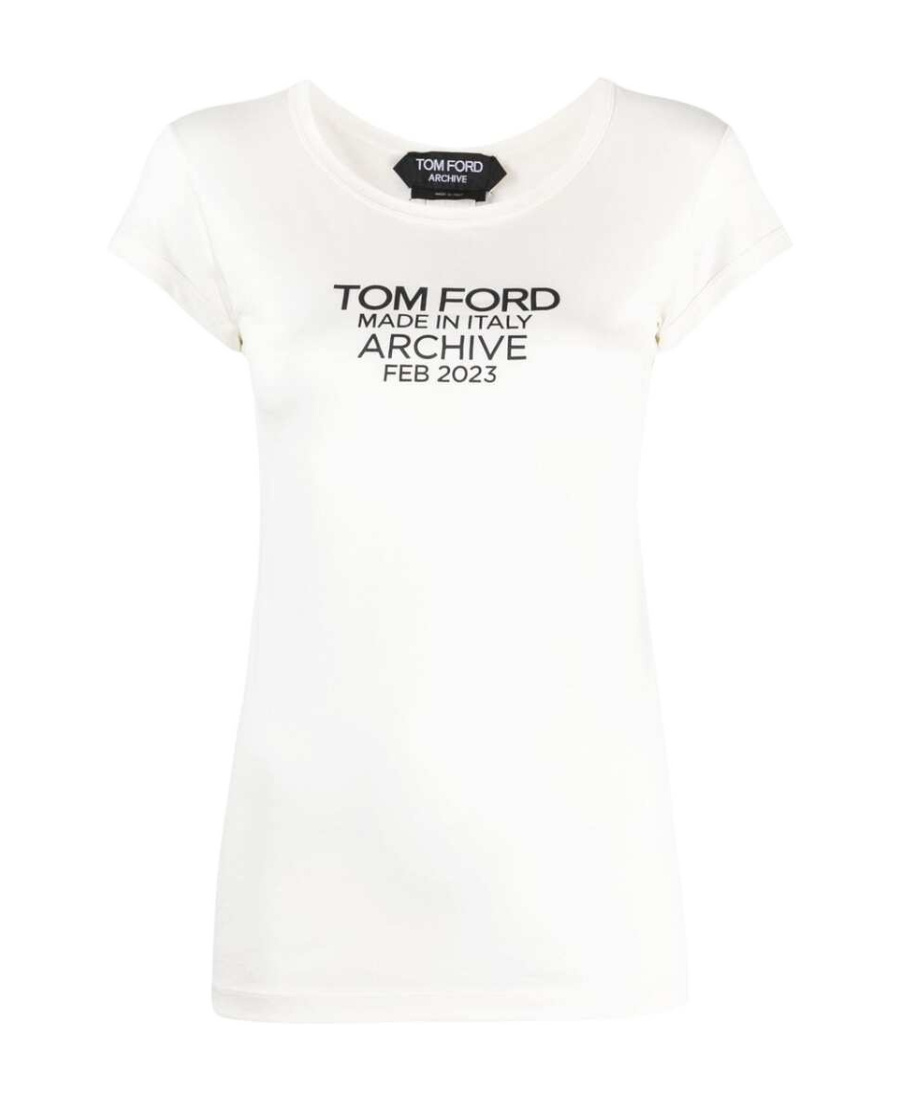 Tom Ford Silk T-shirt With Cap Sleeves And Printed Design In Beige