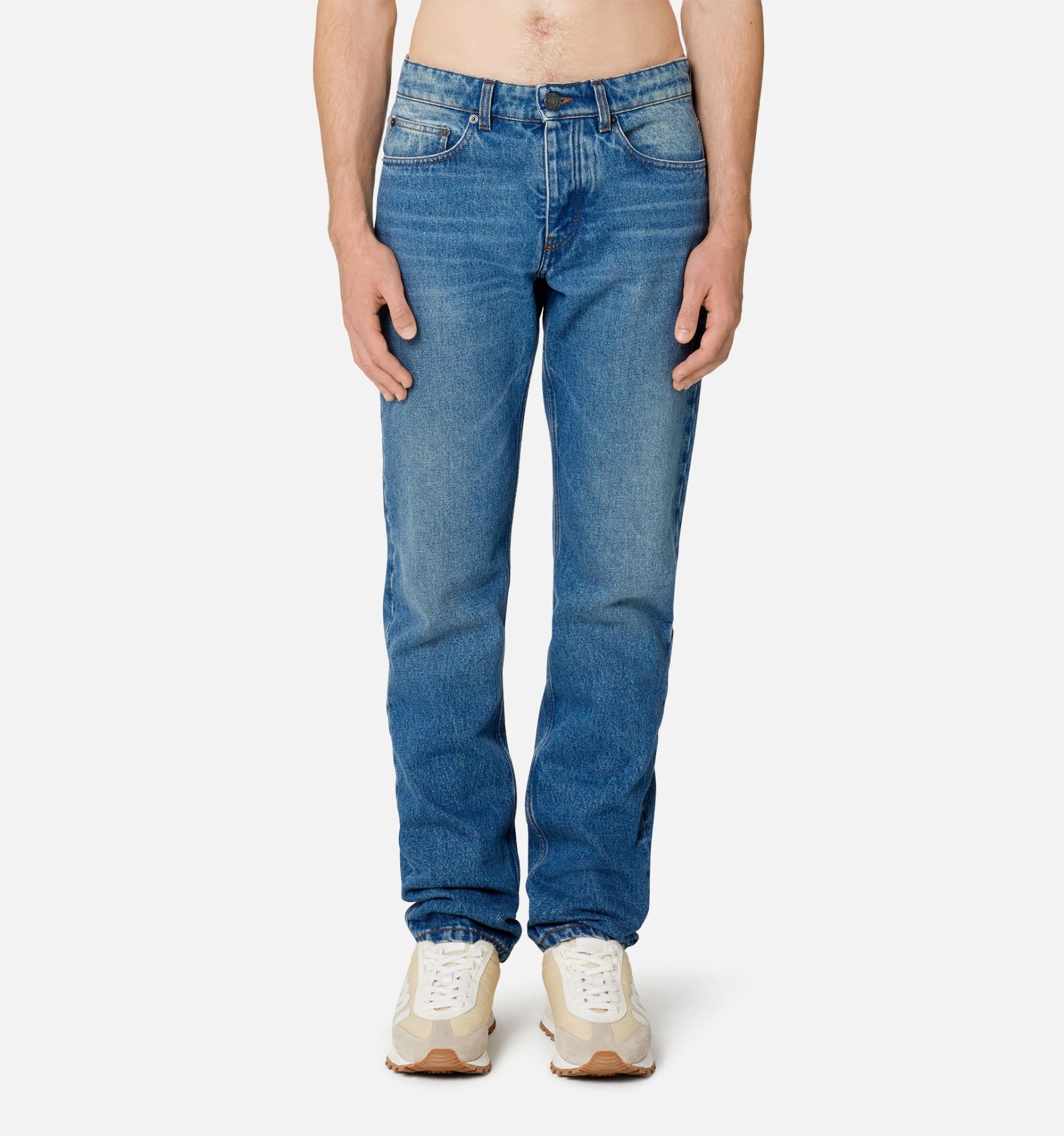 Ami Alexandre Mattiussi Ami Straight-leg Denim Jeans With Faded Blue Wash And Leather Accent
