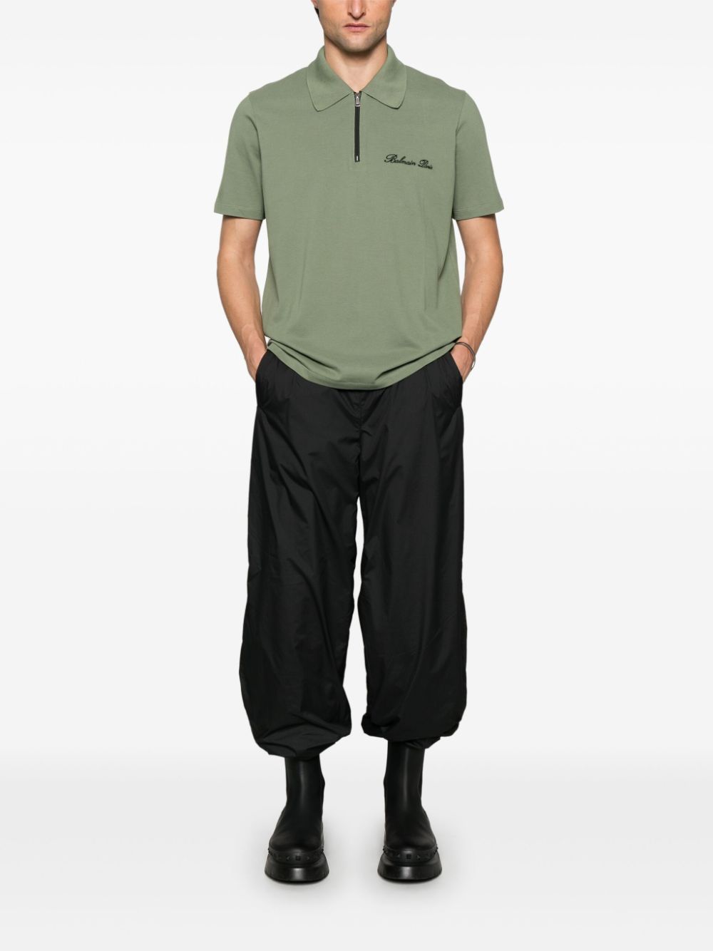 Shop Balmain Logo-embroidered Polo Shirt In Green