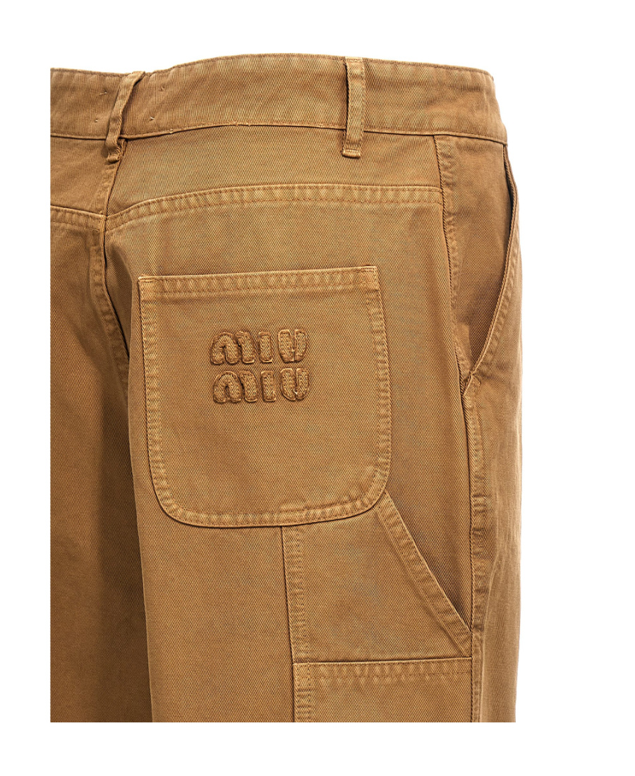 Miu Miu Logo-patch Straight-leg Cotton Trousers In Nude