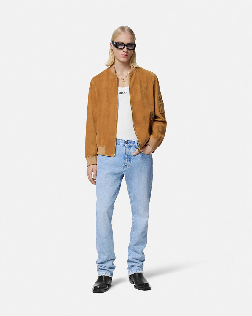 Versace Ribbed Cuffs Sleeve Zip Pocket Jacket In Brown