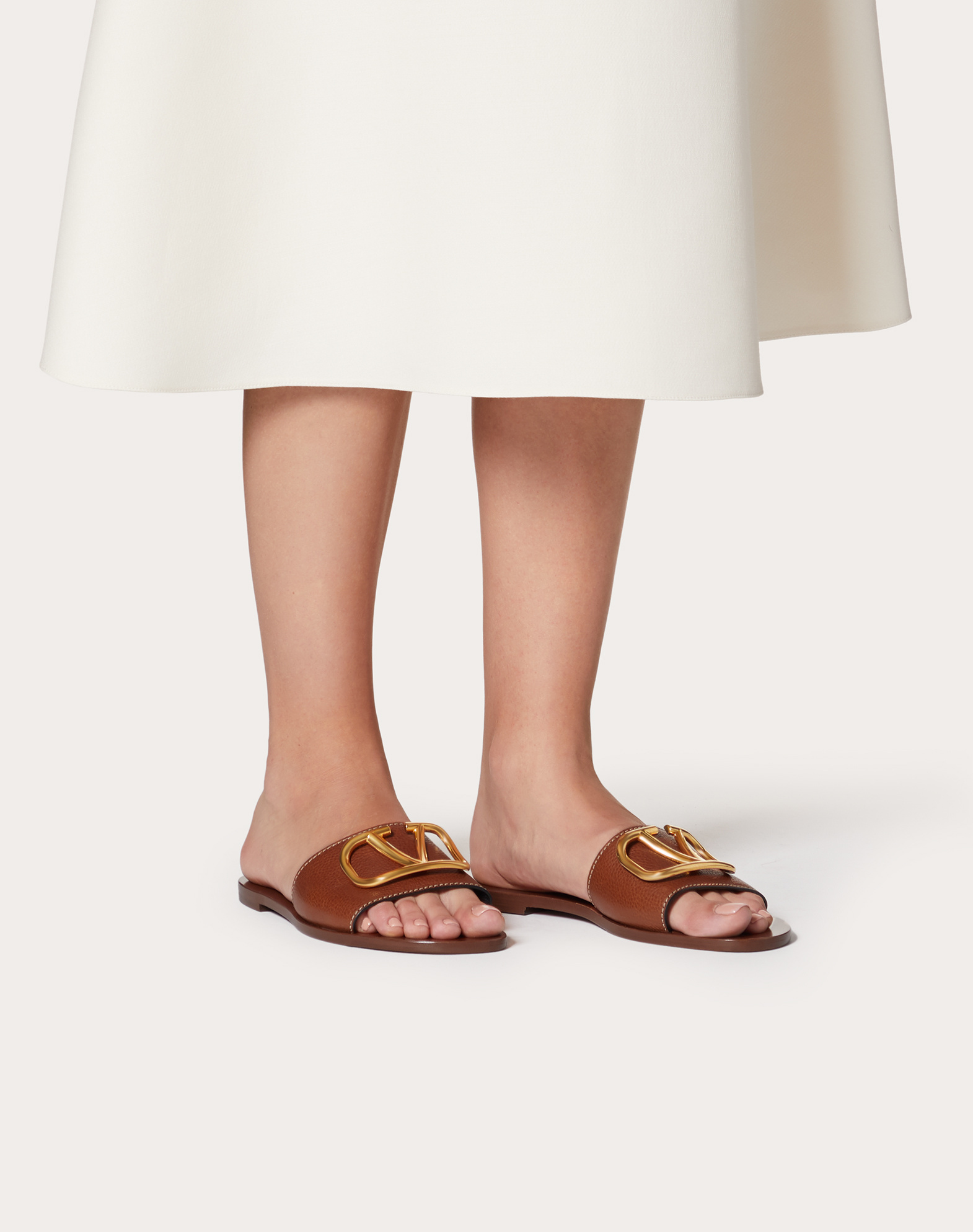 Shop Valentino Vlogo Signature Slide Sandal In Grainy Cowhide With Accessory In Brown