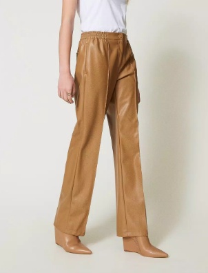 Shop Twinset Oval T-plaque Faux-leather Trousers In Nude