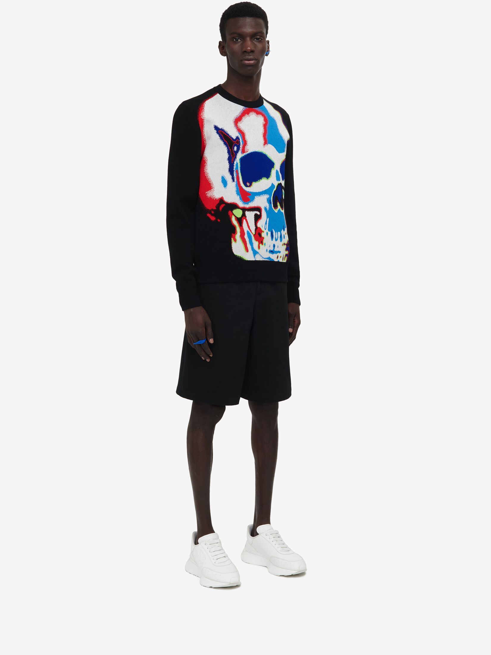 Alexander Mcqueen Black Crewneck Sweatshirt With Multicolor Jacquard Skull In Wool Blend Man In Black