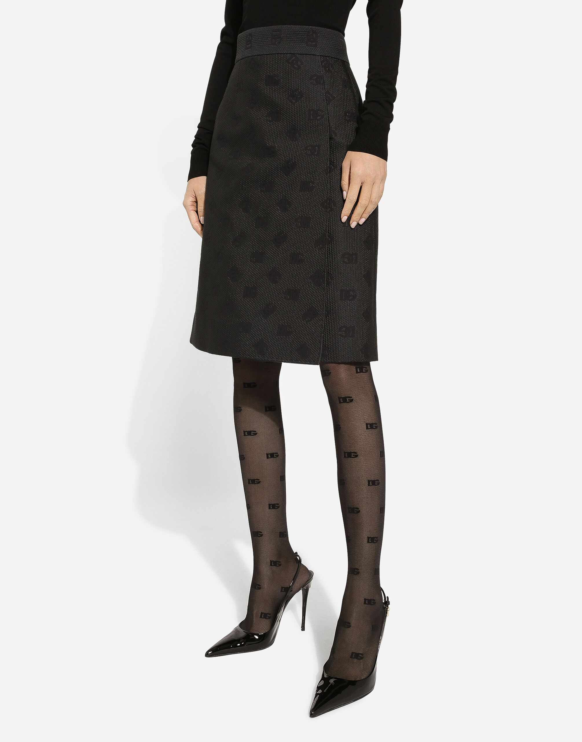 Dolce & Gabbana Quilted Jacquard Midi Skirt With Dg Logo In Black