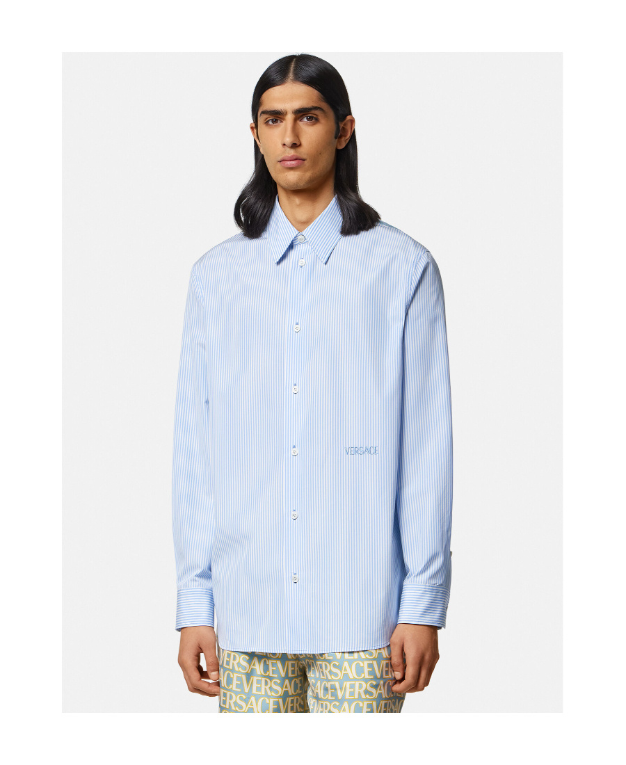 Versace Men Seashell Baroque Striped Shirt In Blue