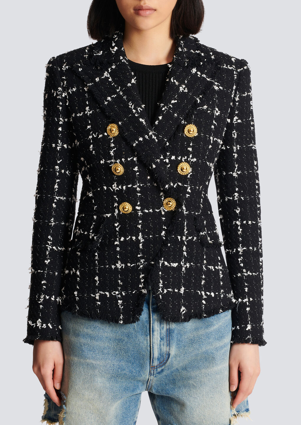 Balmain Grid Tweed Double-breasted Blazer In Black