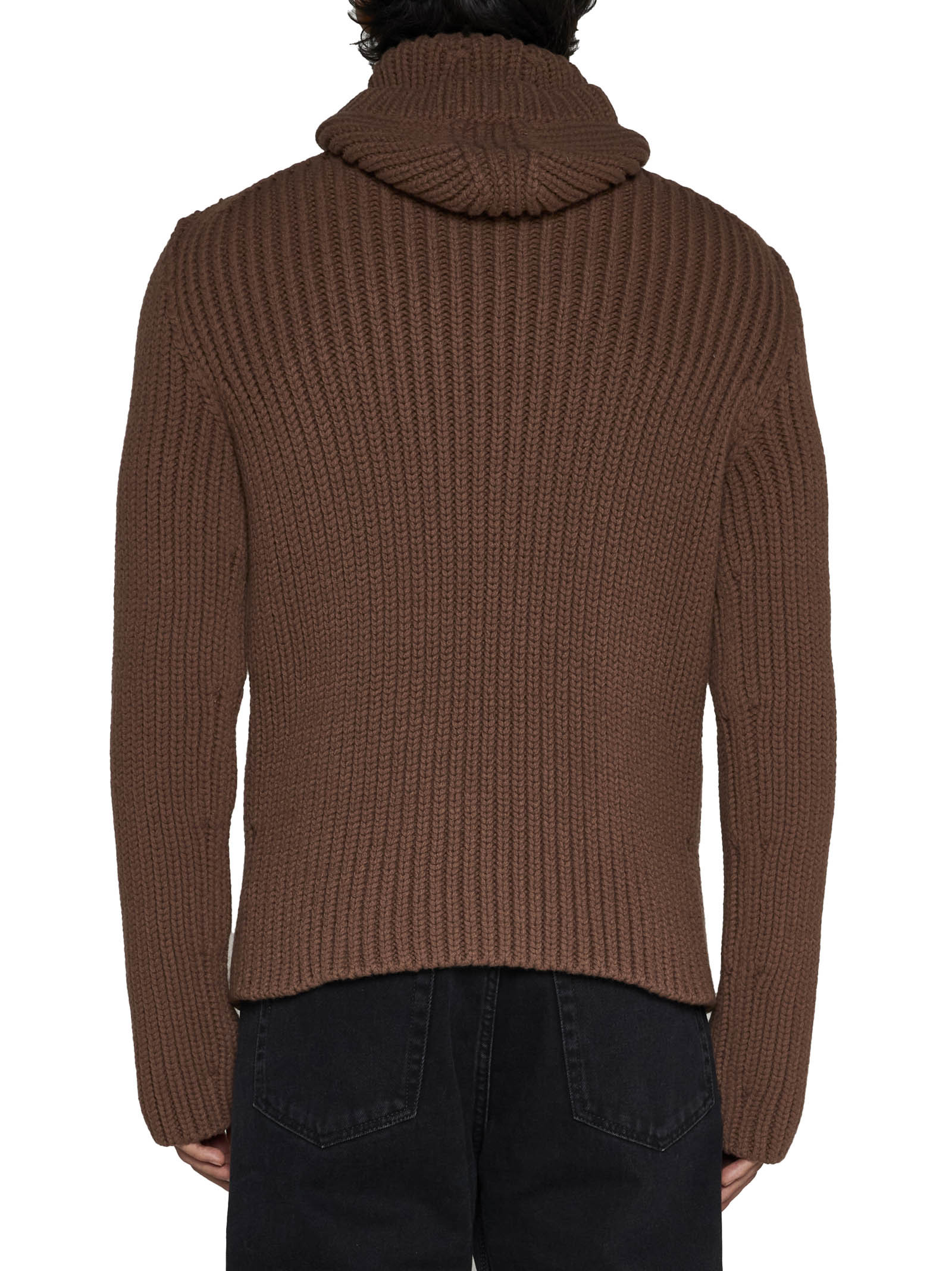 Lanvin Ribbed-knit Hooded Jumper In Brown