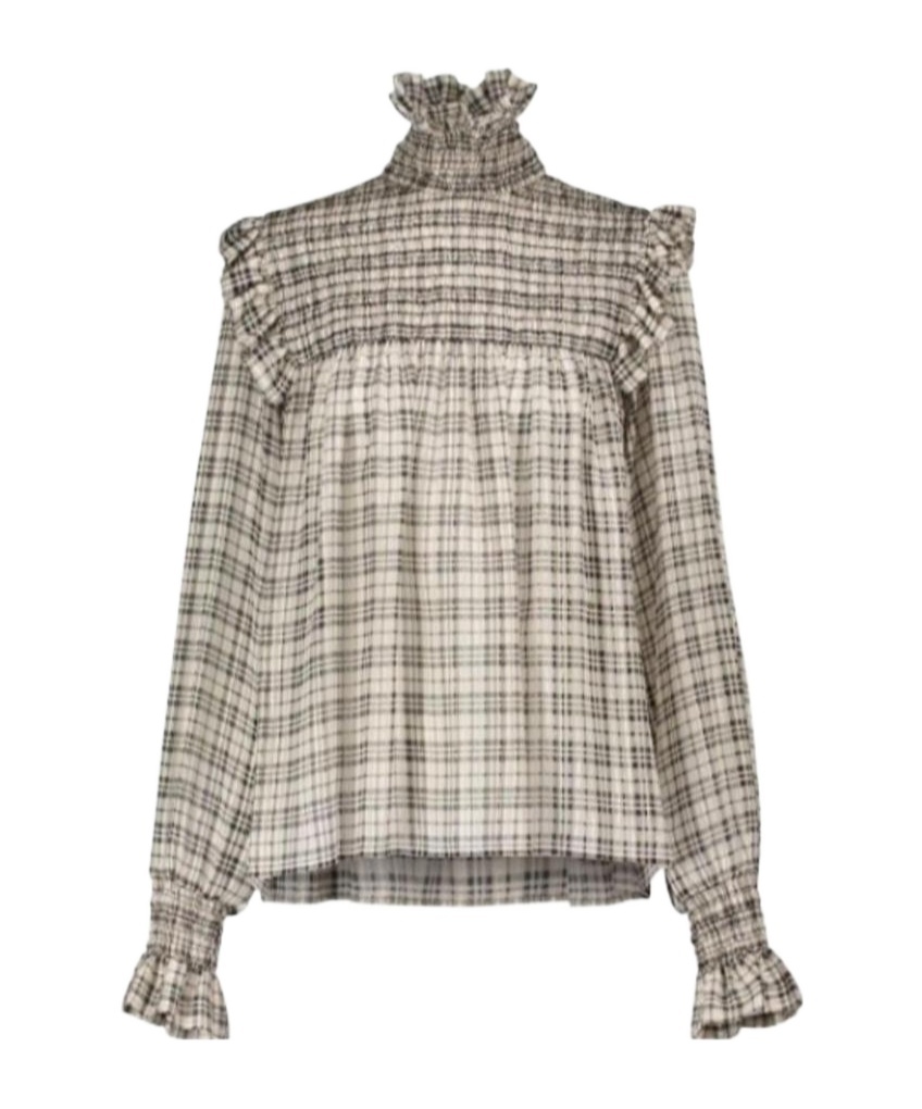 Saint Laurent Check-pattern Long-sleeve Blouse In Nude