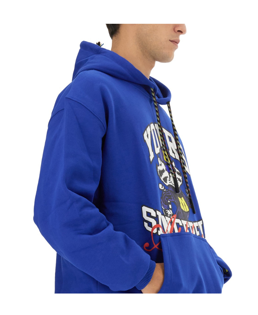Msgm Graphic Print Hooded Sweatshirt With Kangaroo Pocket In Blue