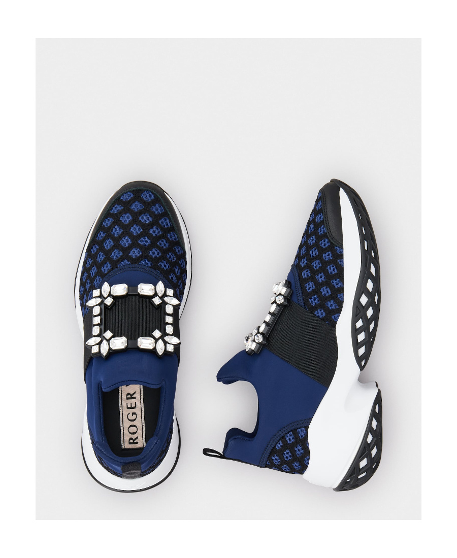 Roger Vivier Roger Viv Mesh Crystal Embellished Slip On Sneakers In Black Nylon In Black