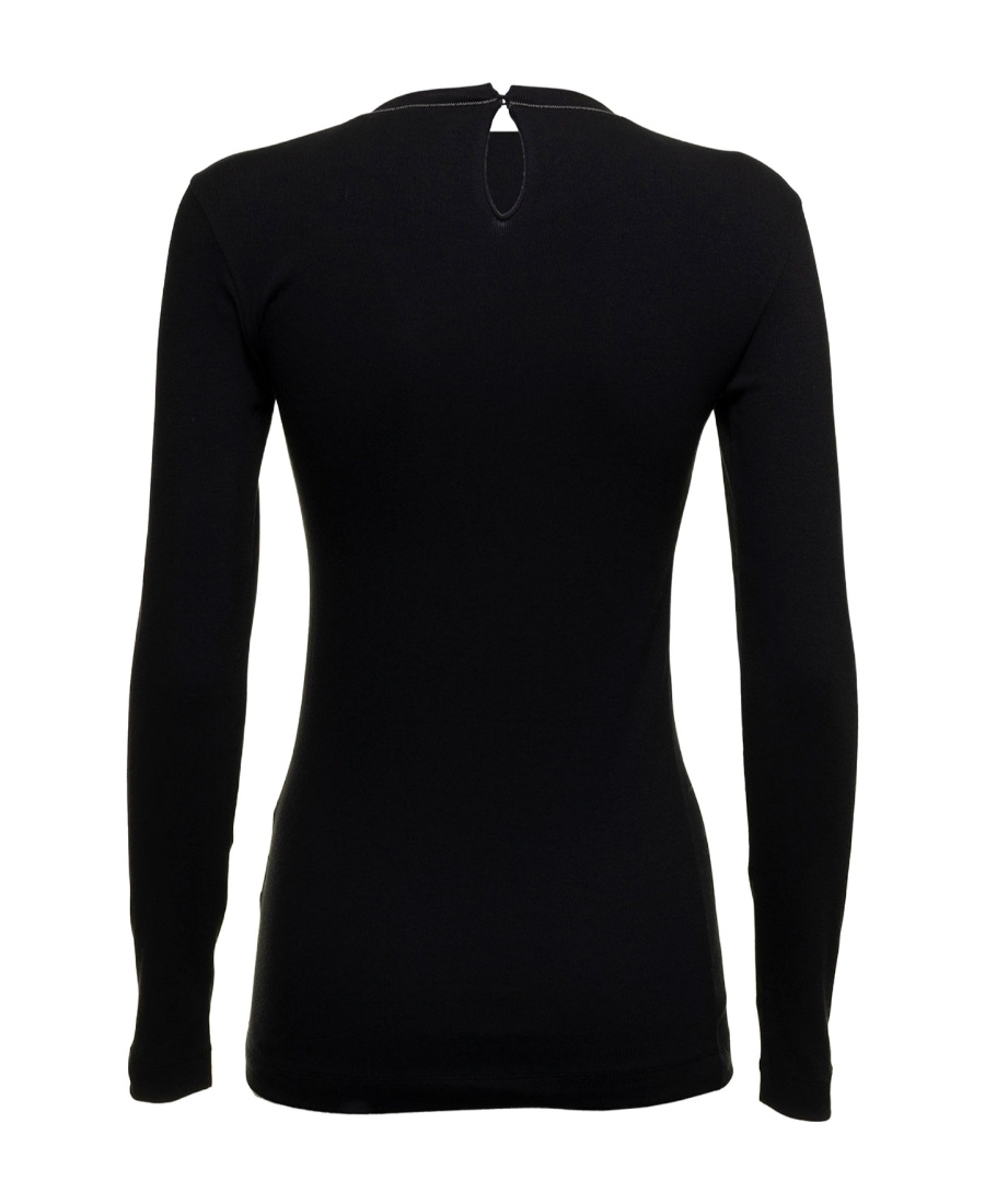 Brunello Cucinelli Womans Long-sleeved Black Cotton T-shirt With Monile Crew Neck