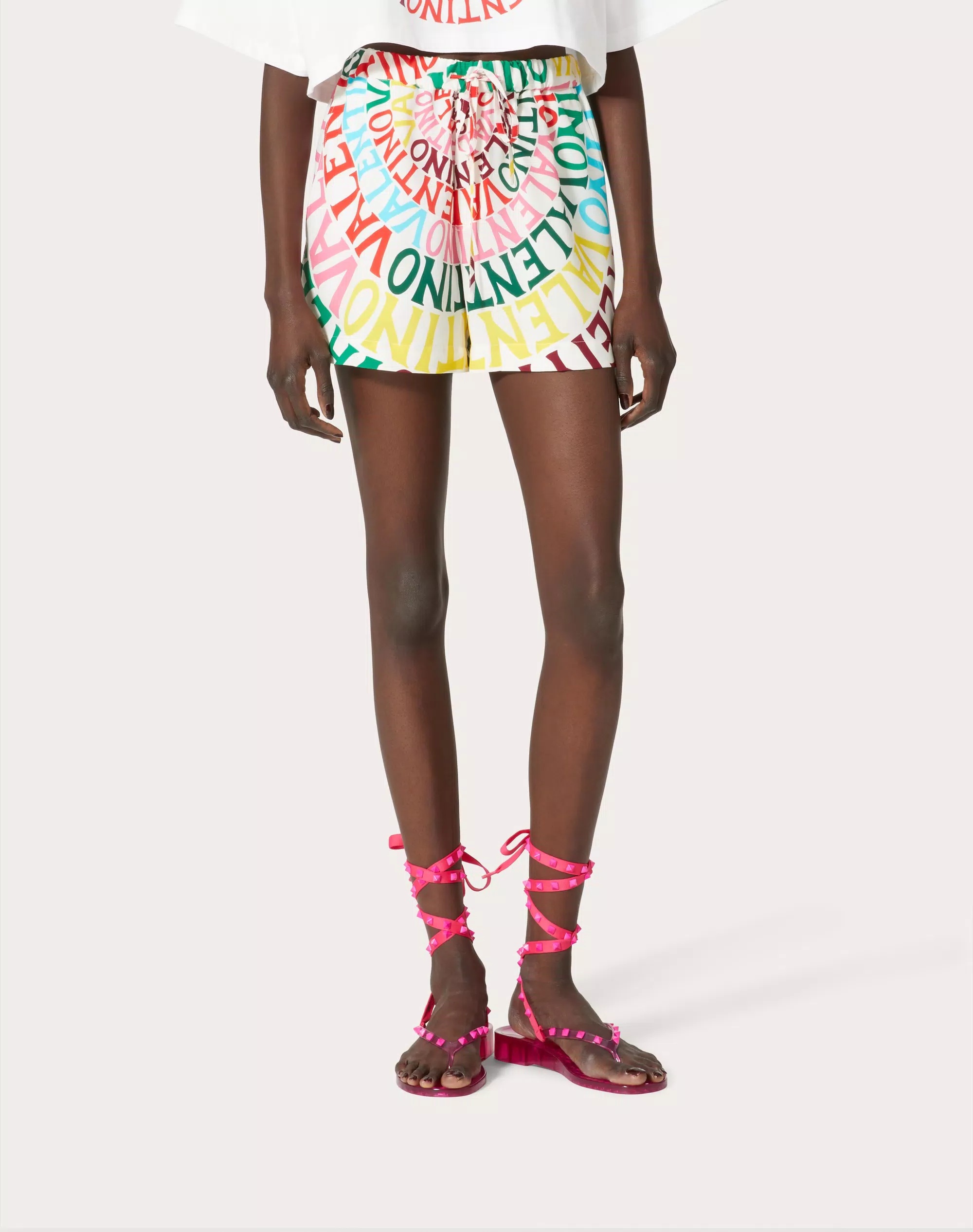 Valentino Logo Ringed Crepe De Chine Shorts In Multicolor