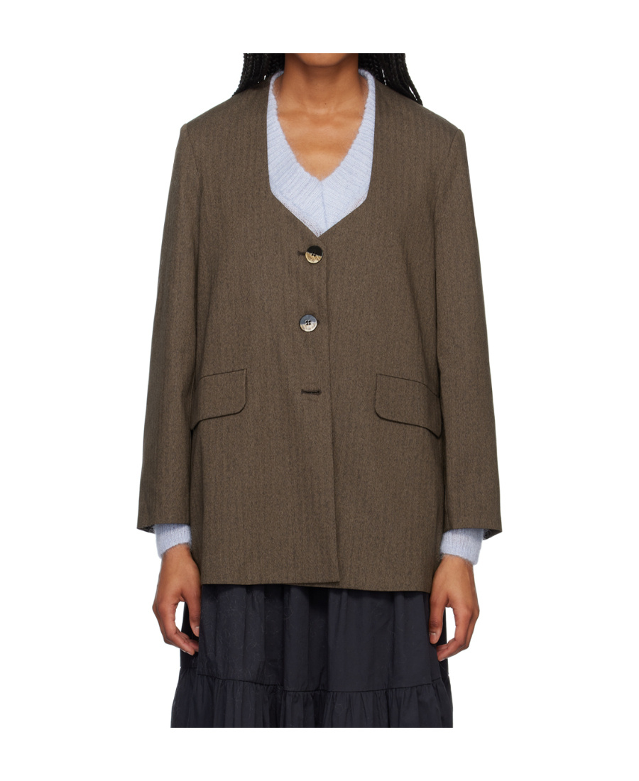 Ganni Herringbone Y-neck Blazer In Brown