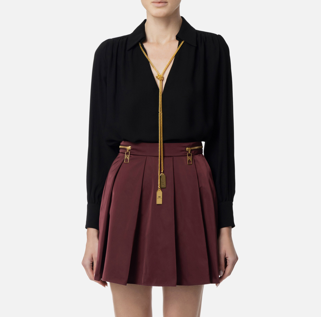 Elisabetta Franchi Sheer Fabric Collared Neck Gold Chain Long Sleeves In Black