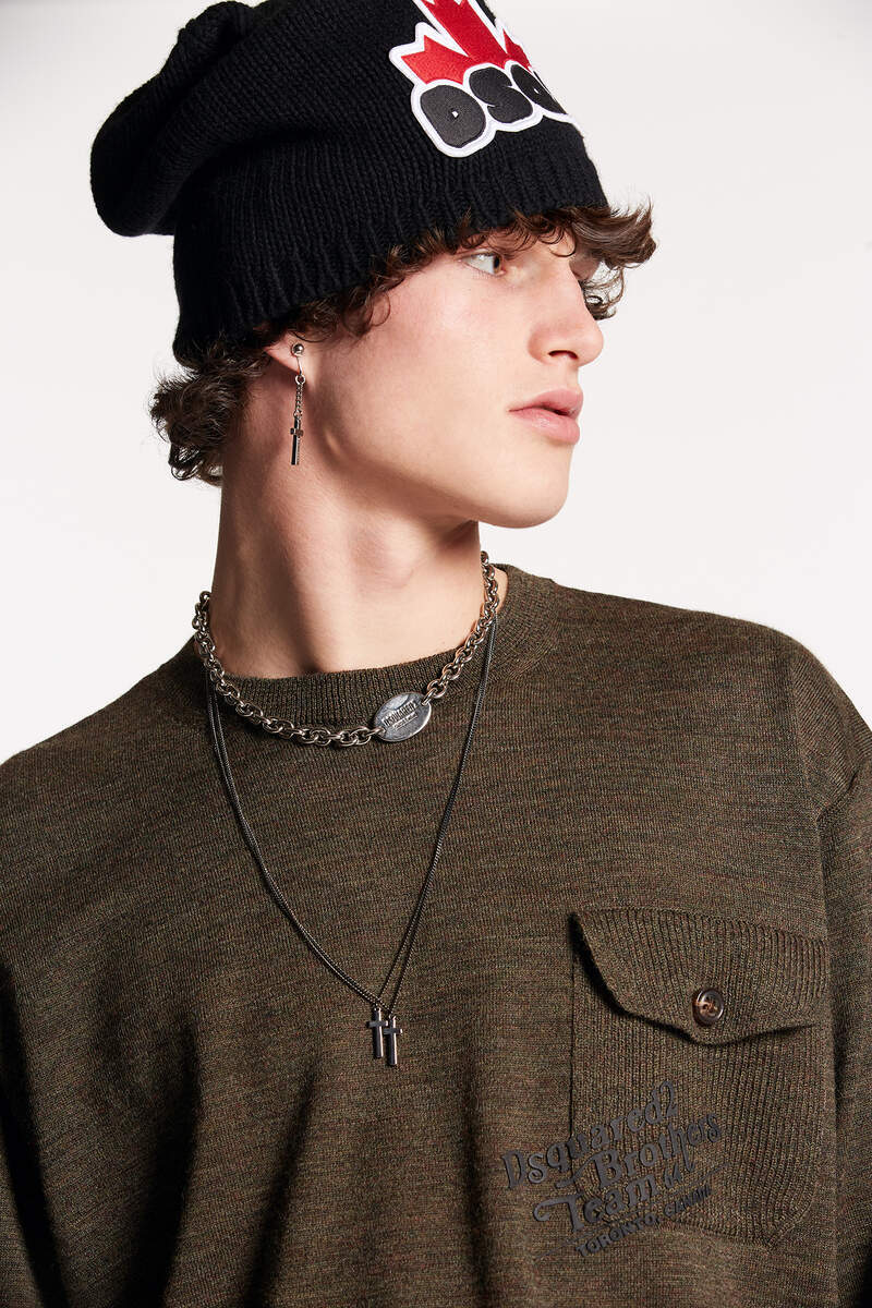 Dsquared2 Virgin Wool Crew-neck Sweater With Breast Pocket In Brown