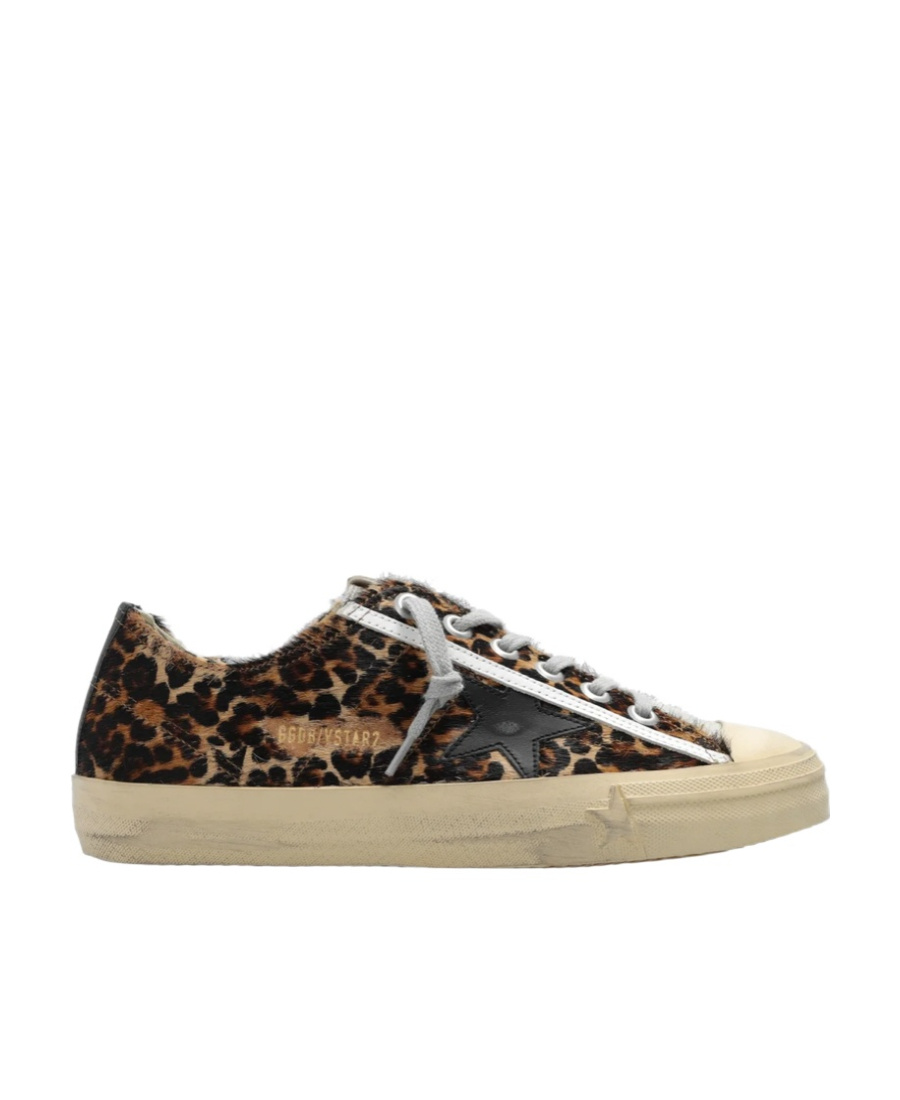 Shop Golden Goose V-star In Leopard Pony Skin With Black Leather Star And Heel Tab