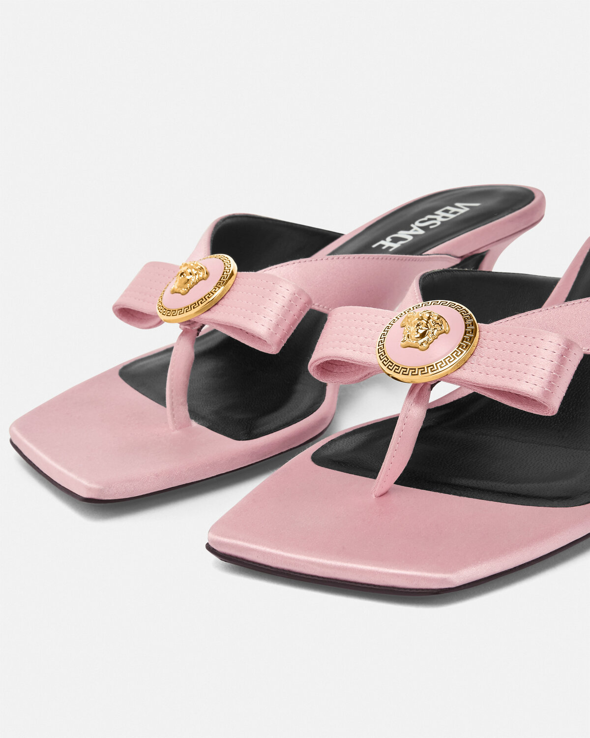 Versace Woman Pink Satin Gianni Ribbon Thong Mules In Pink