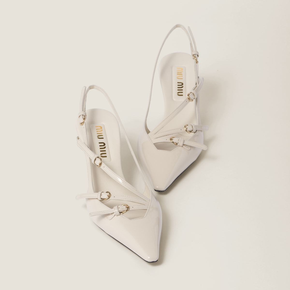 Miu Miu Patent Leather Slingback Pumps With Buckles In Nude