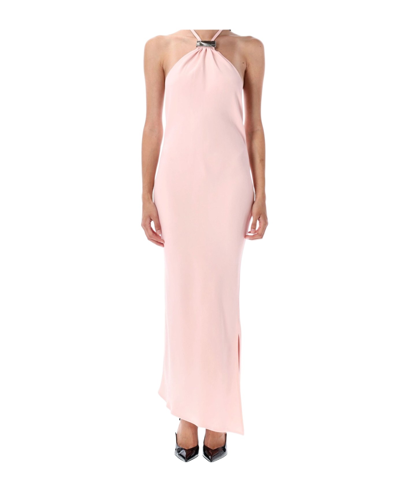 Attico Long Dress With Asymmetric Hem And Metal Detail In Pink