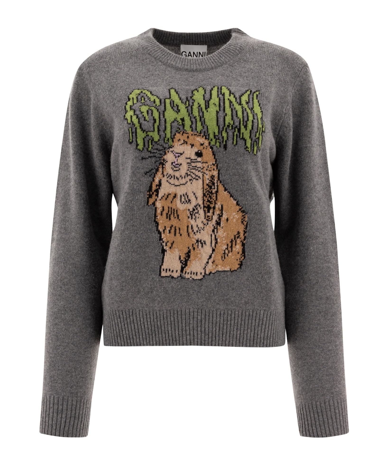 Ganni Bunny Wool Crewneck Sweater In Gray
