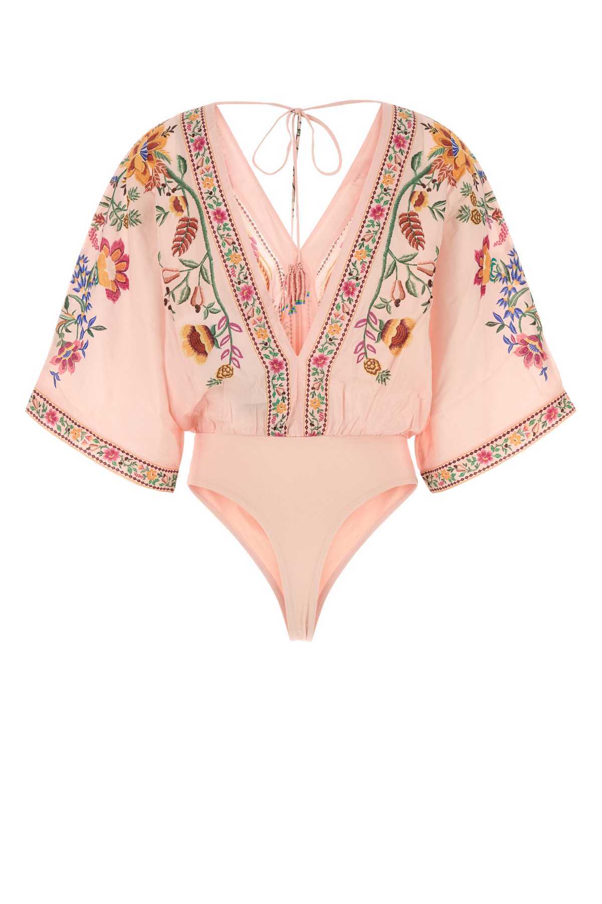 Farm Rio Pastel Pink Cotton Blend Bodysuit In Multi