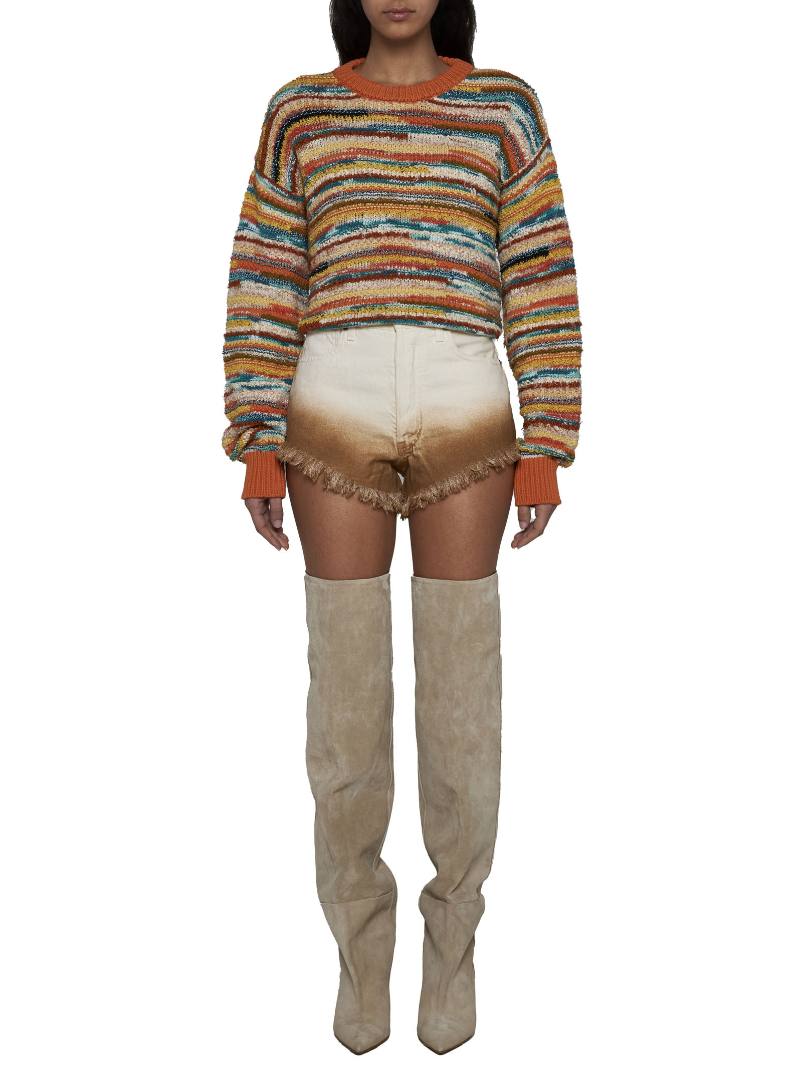 Alanui Madurai Striped Open-knit Cotton-blend Sweater In Brown