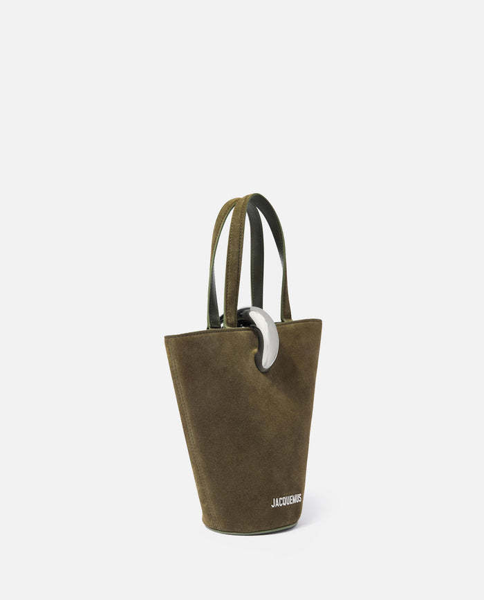 Jacquemus Asymmetric Suede Mini Bucket Bag In Green