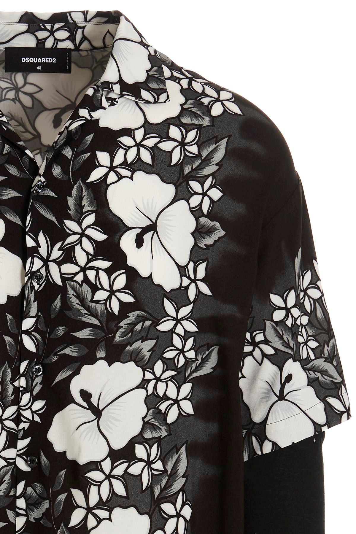 Dsquared2 Double-layered Bowling Shirt With Floral Pattern In Black