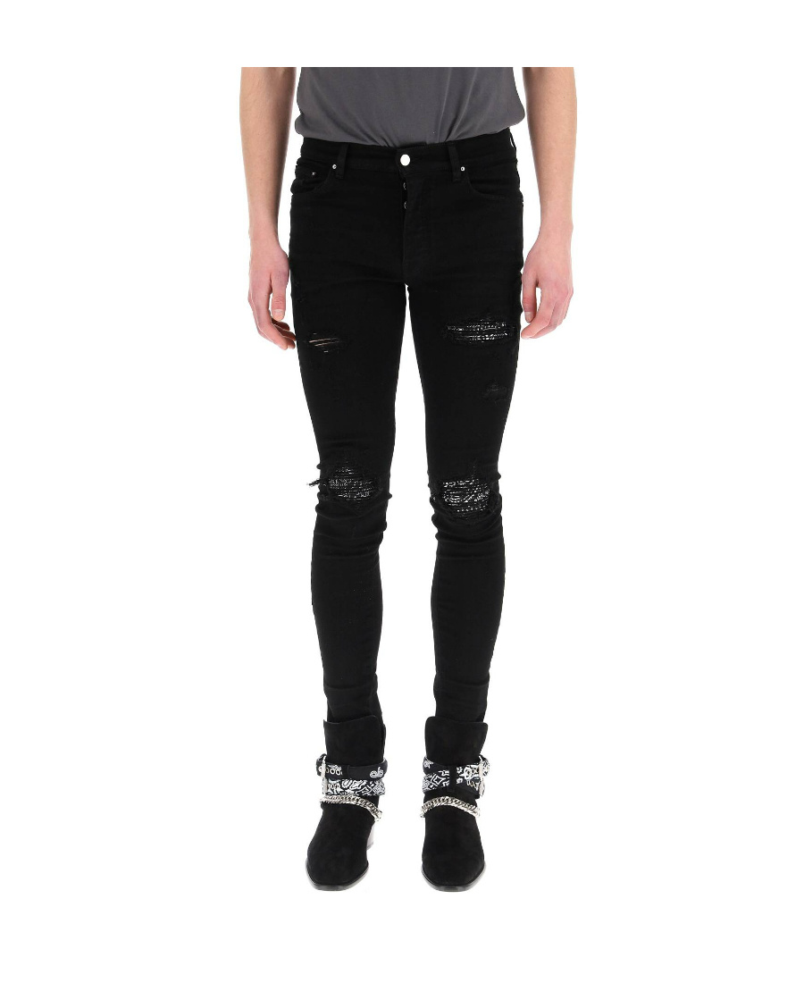 Amiri Stretch Denim Jeans With Leopard Print Accents In Black
