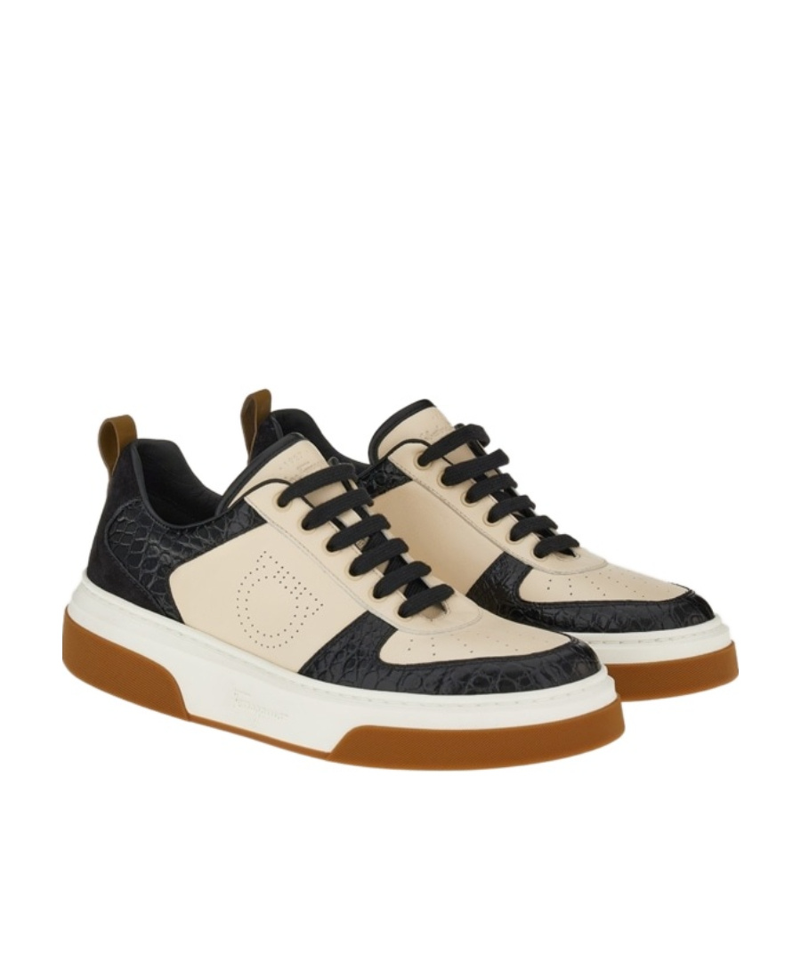 Ferragamo Cassina Smooth And Croc-effect Leather Sneakers In Black