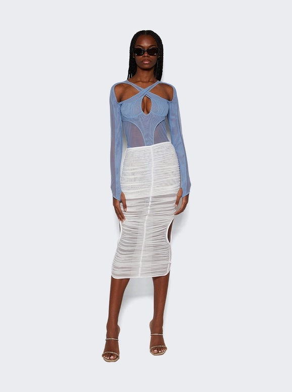Mugler Mesh Ruched Midi Skirt In White