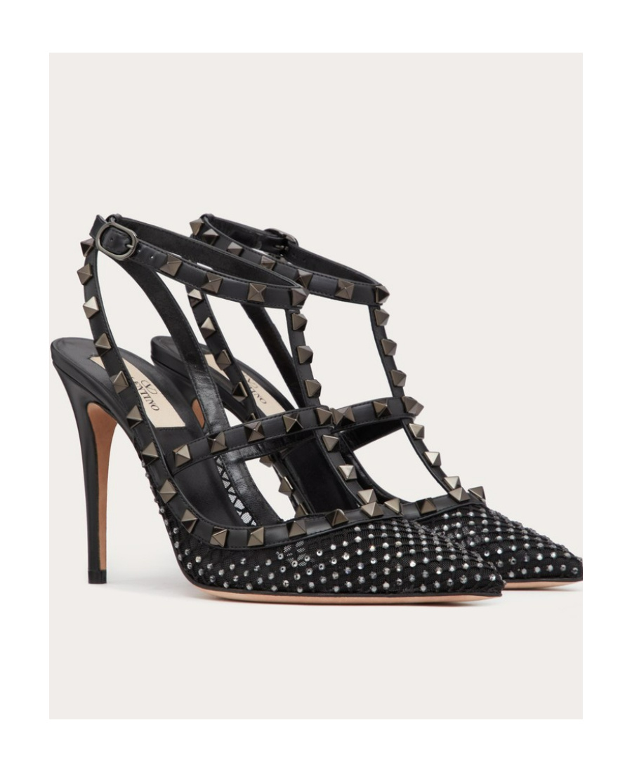 Shop Valentino Rockstud Mesh Pump With Crystals And Straps 100mm In Black