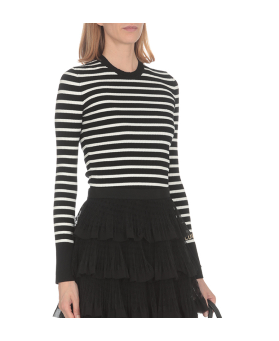 Red Valentino Round-neck Long-sleeved Striped Sweater In Black