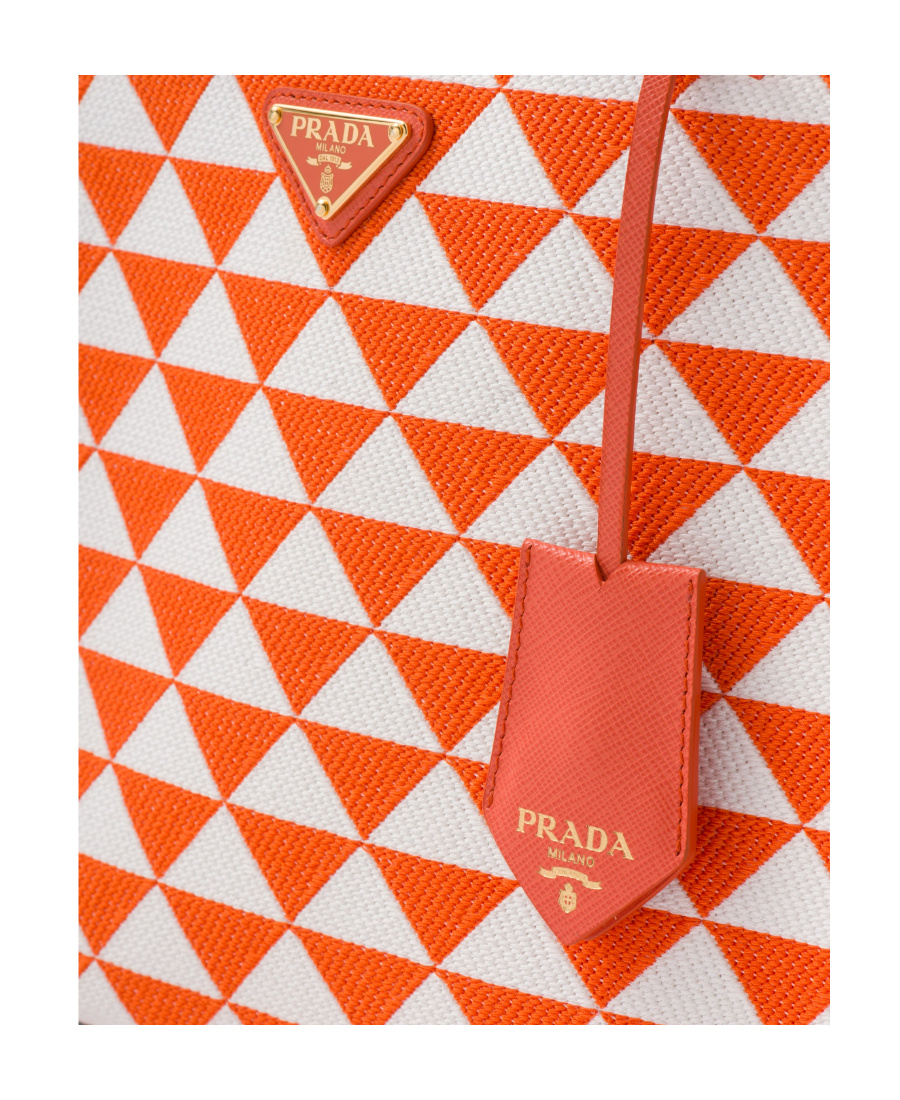 Prada Large Symbole Embroidered Fabric Handbag In Orange/white